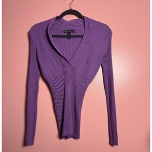 INC International Concepts Ribbed Knit Top Women M Purple Good V-Neck Surplice